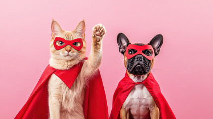 Fototapeta premium Cute cat and dog dressed as superheroes with red capes and masks, both lifting a paw on solid pink background