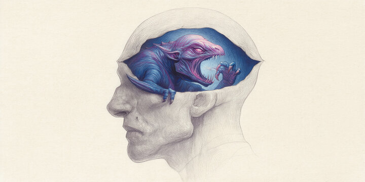 Penciled illustration of a head, its interior revealing a purple monster, symbolizing inner turmoil or hidden fears.  Illustrative art, mental health concept