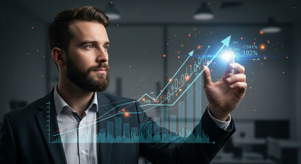 Confident businessman visualizing growth upward trending graph digital business success dark