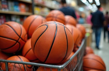 Fototapeta premium Basketballs in the market store. Orange basketballs are arranged in metal basket. Shopping for sporting goods or a present. Selling sport equipment in shop.
