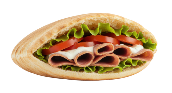 Close up of a pita bread sandwich filled with ham tomato lettuce and a creamy white sauce on black