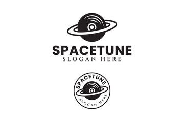 dj with vinyl disc and galaxy space logo design sets. Saturn planet with vinyl disc record badge logo design. modern disc jockey space for music instrument and entertainment company © salzcreative