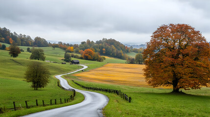 Fototapeta premium Autumn Country Road Winding Through Colorful Fields
