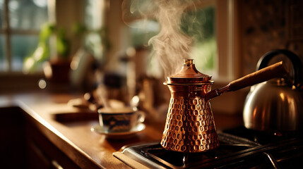 Copper Cezve Brews Aromatic Coffee in a Cozy Kitchen During the Morning Light