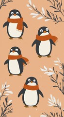 Obraz premium Playful Penguins in Orange Scarves on Peach Background with Winter Branches