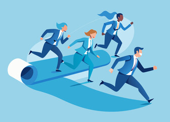 Fototapeta premium Diverse group of business professionals racing on a rolling blue carpet in a light blue background