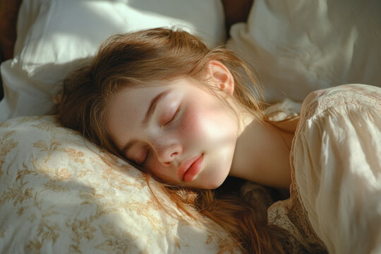 Young girl sleeping peacefully in a cozy bed, surrounded by soft pillows and a warm blanket, with a stuffed animal nestled beside her.