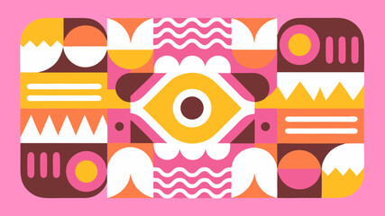 Geometric abstract pattern with eye shape and wavy lines in pink yellow and brown tones design element