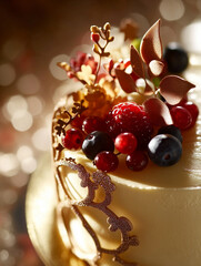 Golden Holiday Cake with Berries and Decorative Chocolate Leaves in Festive Glow