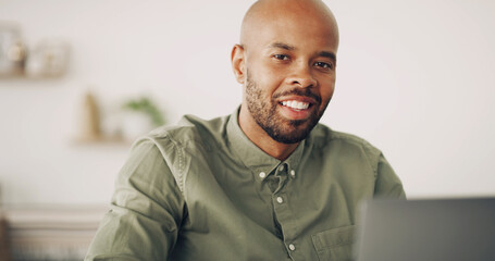 Black man, work from home and smile in portrait for entrepreneur planning, research or online...