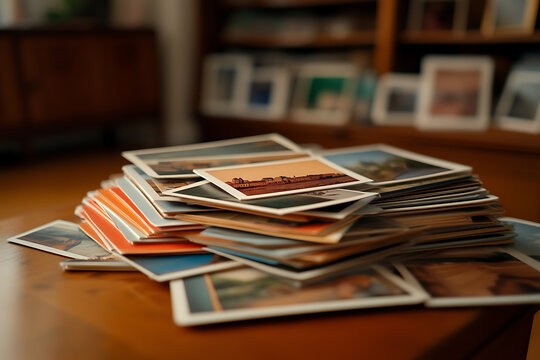 Stack of assorted photographs on table, creating a nostalgic atmosphere, evokes memories, personal history, and human connection through visual storytelling
