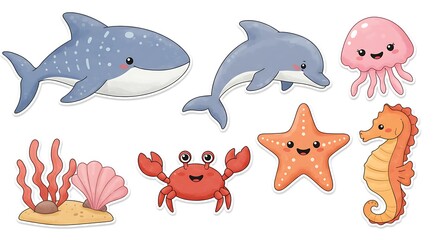 Fototapeta premium Cute Sea Animal Illustration with Smiling Crab Starfish Dolphin and More