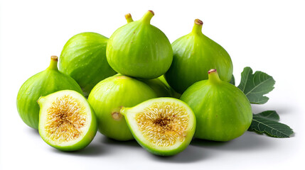 Fresh Cut Indian Figs Revealing Tiny Seeds and Vibrant Green Skin With Leaves Arranged Artistically