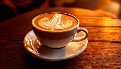 ceramic cup of coffee on a wooden table with warm backlight
