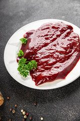 Raw liver beef veal meat steak liver grill appetizer vegetables dish fresh delicious gourmet food background on the table rustic food top view copy space keto and paleo diet