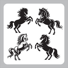This vector art showcases a set of black horse silhouettes, including a wild mustang and a cartoon pony, in various equestrian poses with flowing manes and tails, perfect for animal and design enthusi