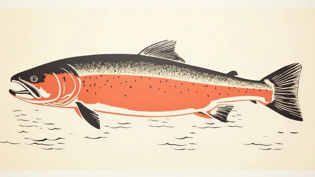 Pink salmon or trout swims on a beige background. Vintage sketch of a fish in sepia tones.