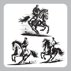 Black silhouette vector illustration depicts a knight rider on horseback, an equestrian sport animal