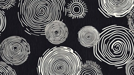 Swirling patterns on a textured background, creating a rhythmic monochrome design