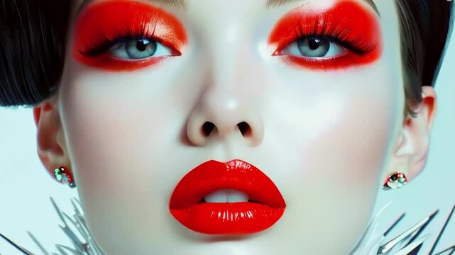 Fashion portrait of beautiful high-born model with bright makeup on face and sensual red lips