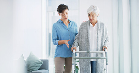 Help, caregiver and old woman with walker in home for healthcare, physio or support in retirement....