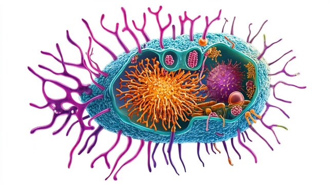 Bacterial cell anatomy showing internal components like plasmids ribosomes flagella white background