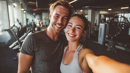 Couple taking gym selfie after workout, happy and energetic, modern fitness interior