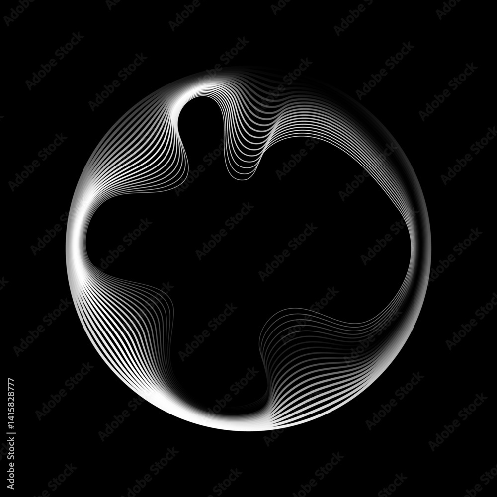 Poster Abstract round frame with wavy black and white gradient lines isolated on dark background with copy space. Vector illustration soul geometry abstraction