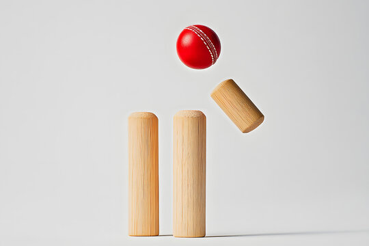 Red cricket ball hitting wooden stumps with bail flying in air on white background. Concept of bowled out, cricket dismissal, sports rules, and match moments in minimal style. - Powered by Adobe