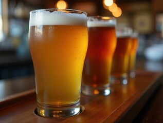 Close-up of a craft beer flight glass (IPA) on a wooden tray, highlighting foam, color, and condensation. Artisan tasting experience in a pub setting.