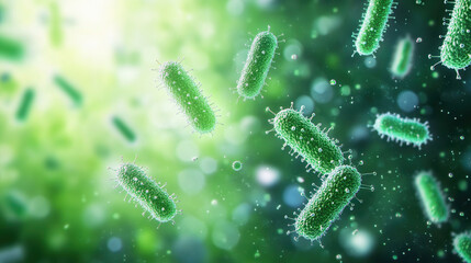 Glowing bacteria and viruses in an abstract representation of a medical environment with a blue and green color palette