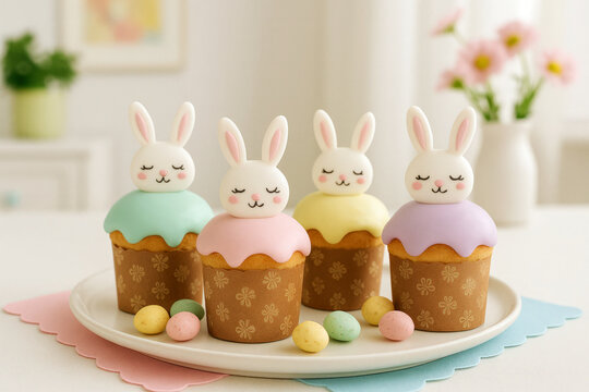 Pastel Easter cupcakes topped with bunny faces and ears, surrounded by mini candy eggs, in a cozy home setting. Cute Easter Cupcakes with Bunny Ears and Eggs

