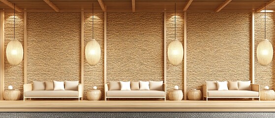 Fototapeta premium Minimalist Beige Lounge Area with Woven Lamps
