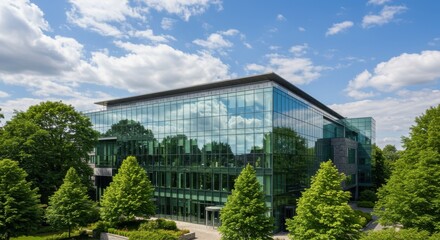 Fototapeta premium Modern glass office building surrounded by green trees under a bright blue sky with clouds