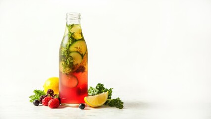 A clear glass bottle filled with colorful infused water contains cucumber slices, lemons, berries, and herbs. Surrounding it are fresh fruits like raspberries and blueberries, creating a vibrant, heal