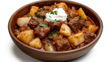 Hearty Hungarian-style beef goulash with tender beef, paprika, and potatoes served rustic with sour cream