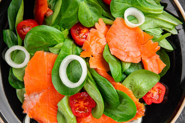 Salmon salad fresh seafood appetizer dish fresh tasty gourmet food background on table rustic food top view copy space keto and paleo diet vegetarian food pescetarian diet