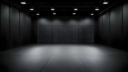 Empty Dark Industrial Warehouse Interior With Modern Lighting