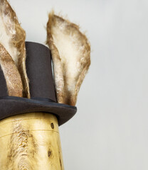 White rabbit or march hare hat. Bunny ears attached to the top hat on wooden stand. Hatter Headdress for Alice in wonderland.