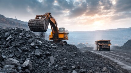 Excavator Working at Open Pit Mine with Haul Truck