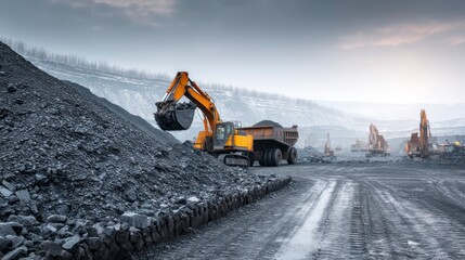Excavator Loading Heavy Material Into Dump Truck at Quarry