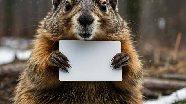 Groundhog holding blank sign, snowy woods, winter