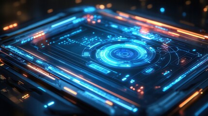 A futuristic 3D holographic interface design with glowing neon blue elements and subtle reflections