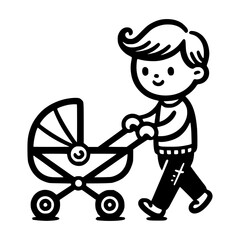 A father walking with a baby stroller, symbolizing family life and paternal care