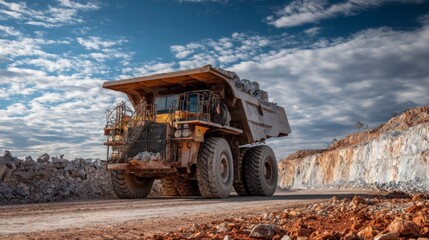 Large Mining Truck Carrying Rocks in a Quarry Under Cloudy Sky