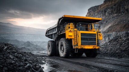 Large Mining Truck in Open Pit Quarry Under Cloudy Sky