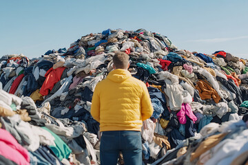 Textile Mountain: Man facing huge clothing pile, waste problem. Fast fashion, consumerism impact. Sustainability awareness and recycling need.