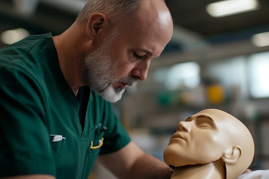 Medical professional intently focused on a training mannequin, showcasing healthcare education and skill development in a clinical setting.