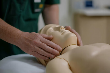Medical professional demonstrating CPR on a training mannequin, hands positioned for chest compressions, set indoors in a medical training facility.