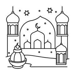Illustration of a Mosque with Crescent Moon and Stars for Ramadan